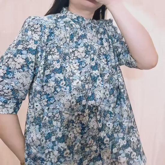 Liberty London Mandarin Collared Gather Blouse, Handmade Botanical Short-sleeved Shirt, Sustainable Womenswear, Tailoring Clothing