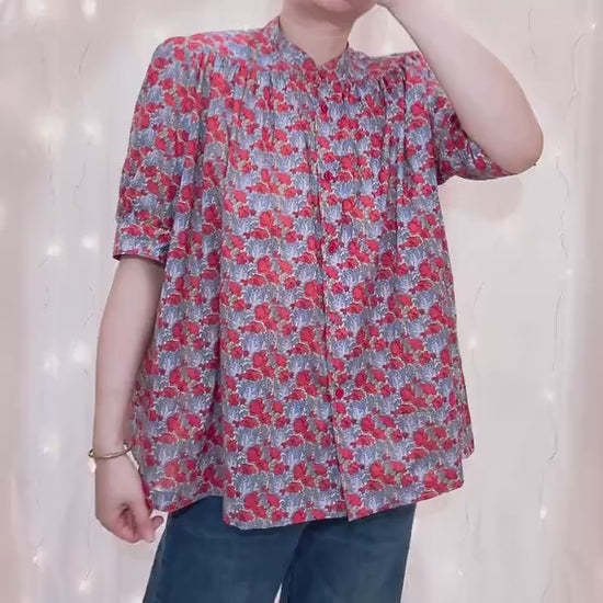 Liberty Mandarin Collar Gather Blouse: Ditsy Floral Print, Botanical Short Sleeve Shirt