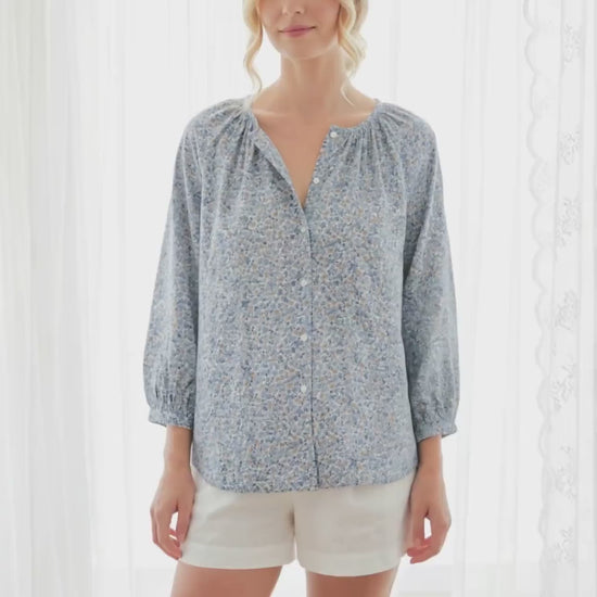 Liberty London Peasant Button-Up Blouse, Three-quarter Bishop Sleeves Shirt, Handcrafted Tailoring Clothing, Sustainable Womenswear