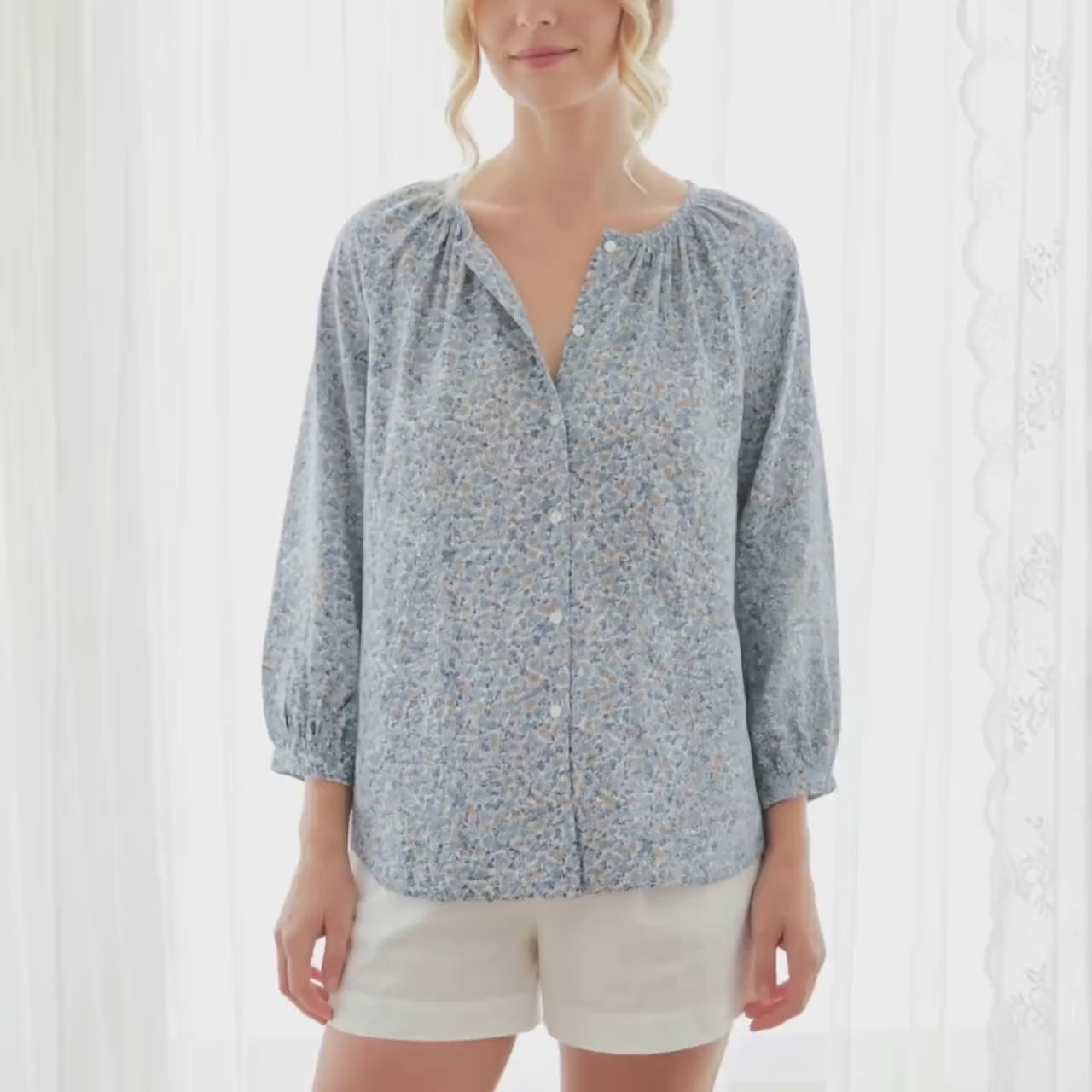 Liberty London Peasant Button-Up Blouse, Three-quarter Bishop Sleeves Shirt, Handcrafted Tailoring Clothing, Sustainable Womenswear