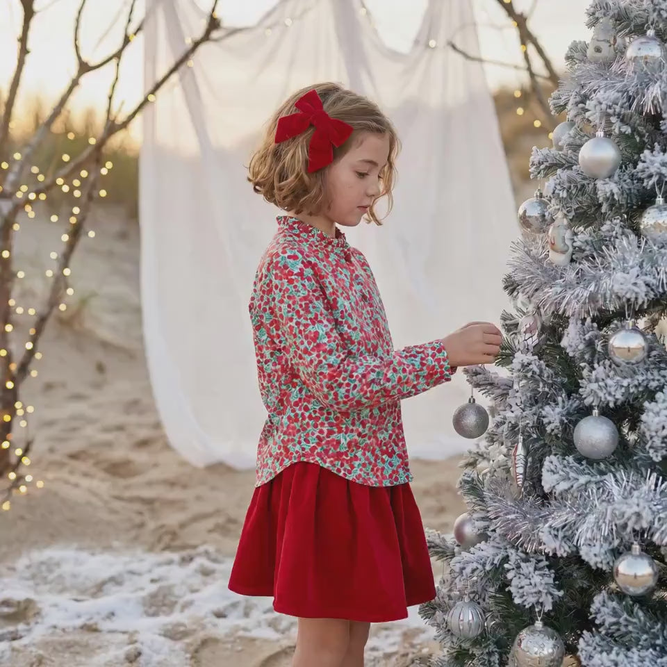 CHRISTMAS Liberty London Long Sleeves Blouse, Ruffle Collar Button Up Top, Handmade Personalised Shirt, Wiltshire Berries Customised Chemise
