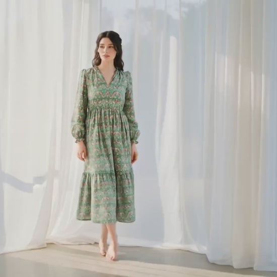 Liberty London V-neck Smock Puffed Long-Sleeved Midi Dress, Handmade Sustainable Womenswear, Botanical Tailoring Ethical-wear