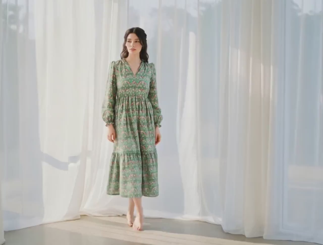 Liberty London V-neck Smock Puffed Long-Sleeved Midi Dress, Handmade Sustainable Womenswear, Botanical Tailoring Ethical-wear
