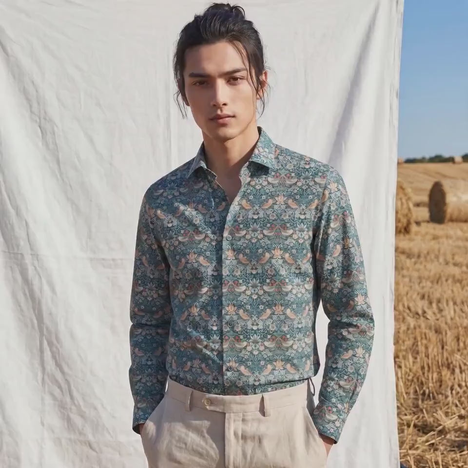 Liberty London Long-sleeved Button-up Shirt, Personalised Menswear, Tailoring Chemise, Sustainable Cotton Clothing, Botanical Design