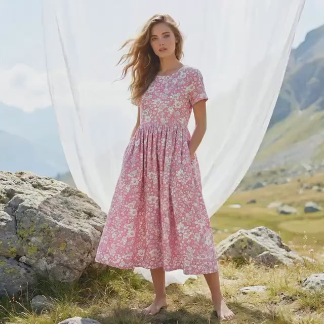 Liberty London Short-sleeved Scoop Neck Dress, Handmade Personalised Womenswear, Sustainable Botanical Cotton Clothing