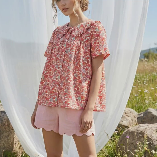 Liberty London Smock Top, Peter-Pan Collared Short-sleeved Blouse, Handmade Cotton Clothing, Sustainable Botanical Womenswear