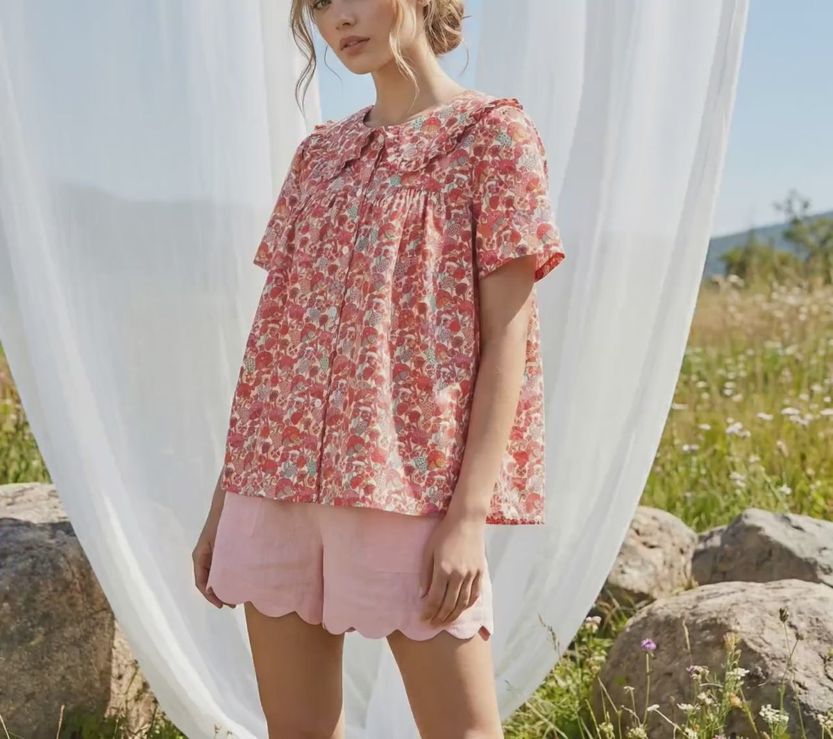 Liberty London Smock Top, Peter-Pan Collared Short-sleeved Blouse, Handmade Cotton Clothing, Sustainable Botanical Womenswear