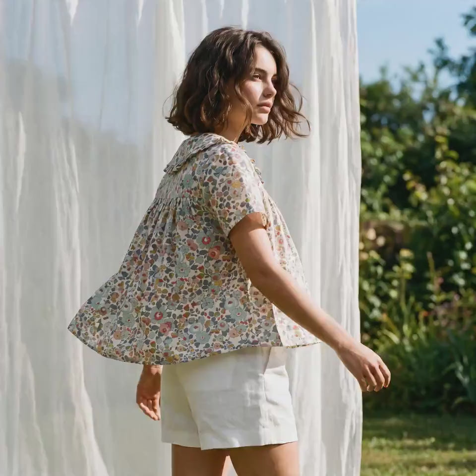 Liberty London Smock Top, Peter-Pan Collared Short-sleeved Blouse, Handmade Cotton Clothing, Sustainable Botanical Womenswear